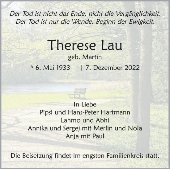 Traueranzeigen Von Therese Lau Schwaebische De Trauerportal