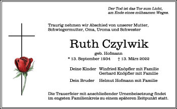 Traueranzeigen Von Ruth Czylwik Schwaebische De Trauerportal