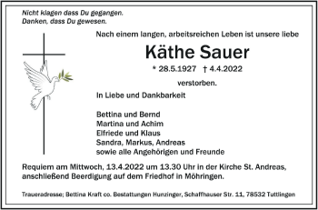 Traueranzeigen Von K The Sauer Schwaebische De Trauerportal