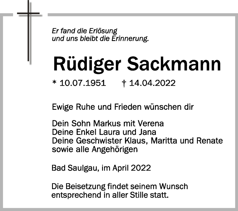 Traueranzeigen Von R Diger Sackmann Schwaebische De Trauerportal