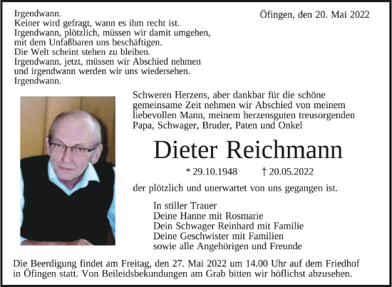 Anzeige von Dieter Reichmann von Schwäbische Zeitung