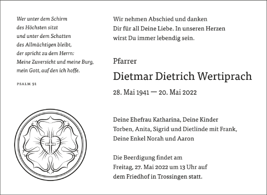 Anzeige von Dietmar Dietrich Wertiprach von Schwäbische Zeitung
