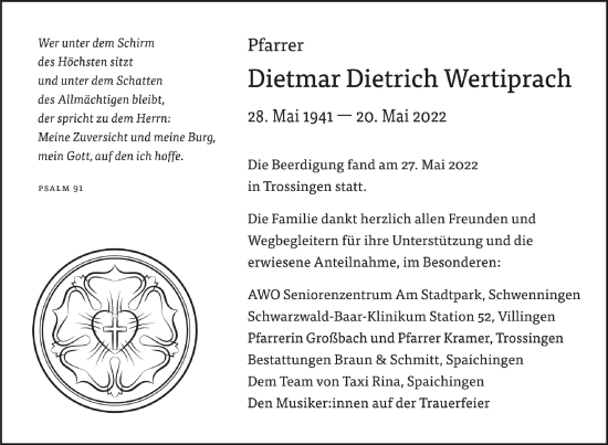 Anzeige von Dietmar Dietrich Wertiprach von Schwäbische Zeitung