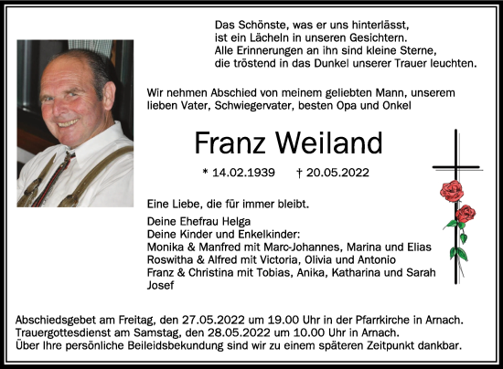 Anzeige von Franz Weiland von Schwäbische Zeitung