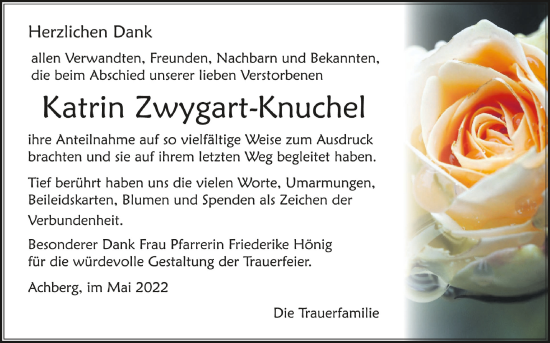 Anzeige von Katrin Zwygart-Knuchel von Schwäbische Zeitung