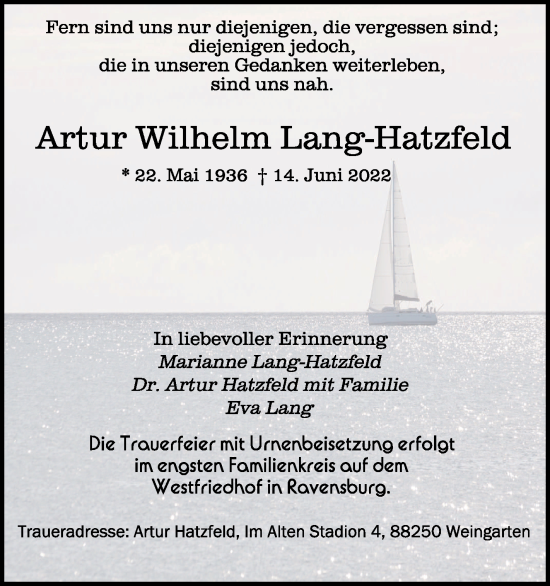 Traueranzeigen Von Artur Wilhelm Lang Hatzfeld Schwaebische De