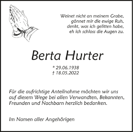 Traueranzeigen Von Berta Hurter Schwaebische De Trauerportal