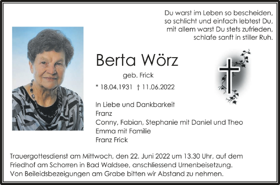 Traueranzeigen von Berta Wörz schwaebische de Trauerportal