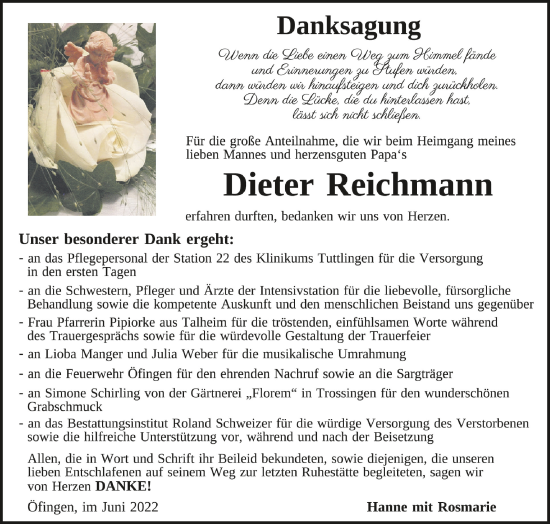 Anzeige von Dieter Reichmann von Schwäbische Zeitung