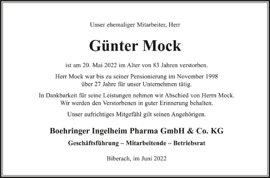 Anzeige von Günter Mock von Schwäbische Zeitung