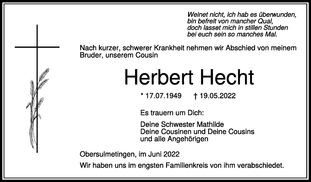 Traueranzeigen Von Herbert Hecht Schwaebische De Trauerportal