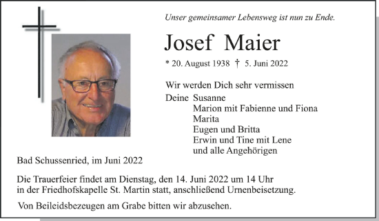 Traueranzeigen Von Josef Maier Schwaebische De Trauerportal