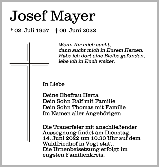 Traueranzeigen Von Josef Mayer Schwaebische De Trauerportal