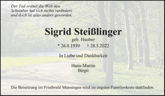 Traueranzeigen von Sigrid Steißlinger schwaebische de Trauerportal