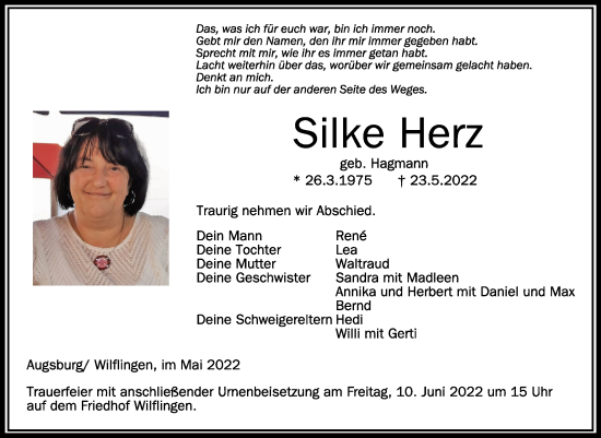 Traueranzeigen Von Silke Herz Schwaebische De Trauerportal