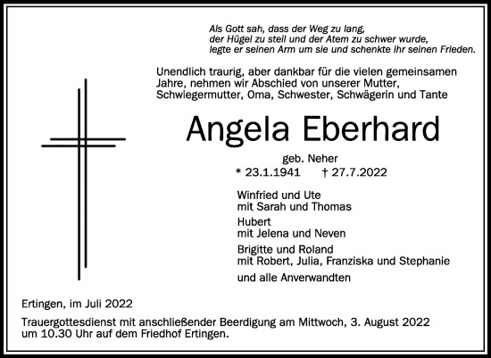 Traueranzeigen Von Angela Eberhard Schwaebische De Trauerportal