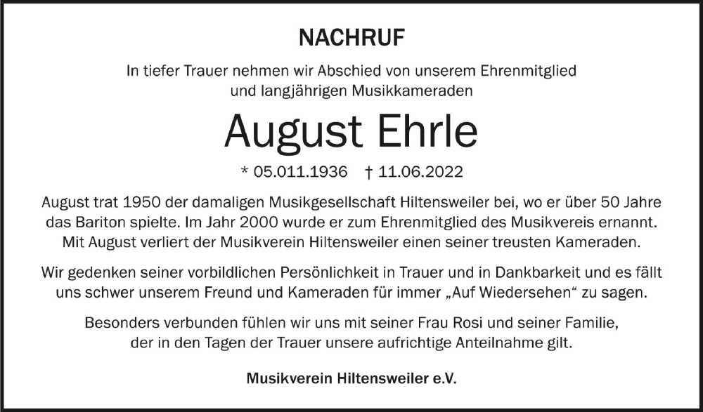 Traueranzeigen Von August Ehrle Schwaebische De Trauerportal