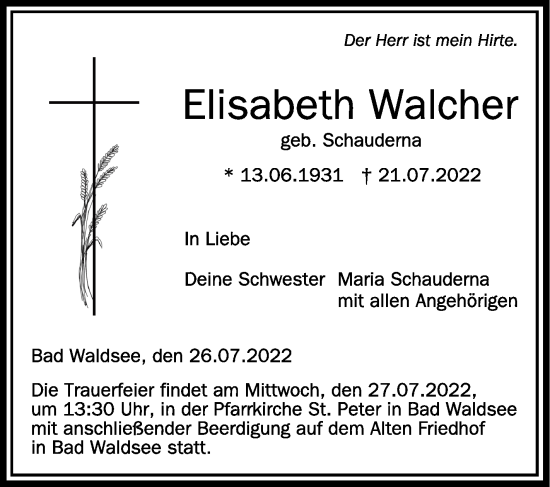 Traueranzeigen Von Elisabeth Walcher Schwaebische De Trauerportal