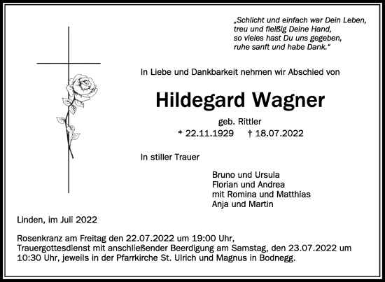 Traueranzeigen Von Hildegard Wagner Schwaebische De Trauerportal