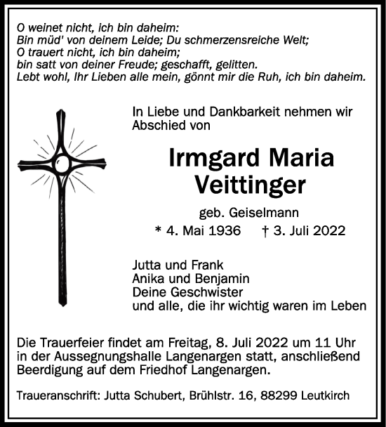 Traueranzeigen Von Irmgard Maria Veittinger Schwaebische De Trauerportal