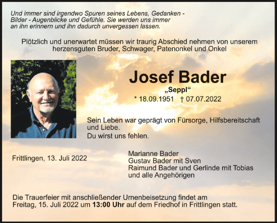 Traueranzeigen Von Josef Bader Schwaebische De Trauerportal