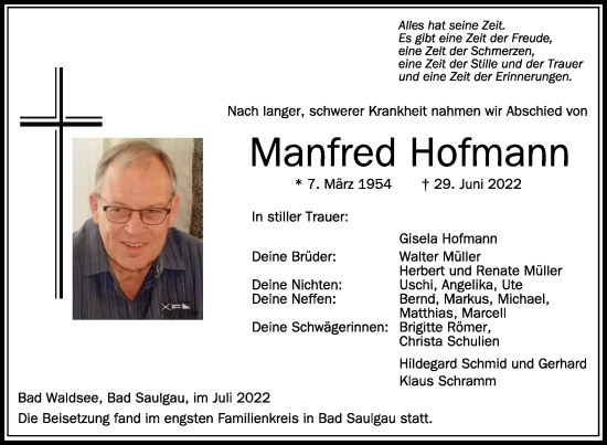 Traueranzeigen Von Manfred Hofmann Schwaebische De Trauerportal