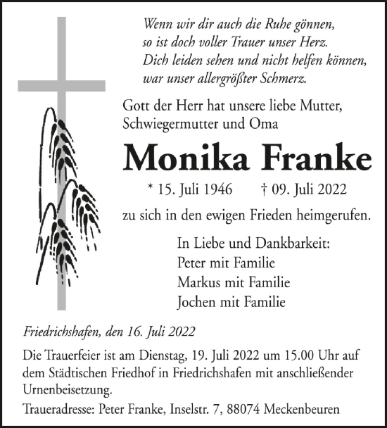 Traueranzeigen Von Monika Franke Schwaebische De Trauerportal