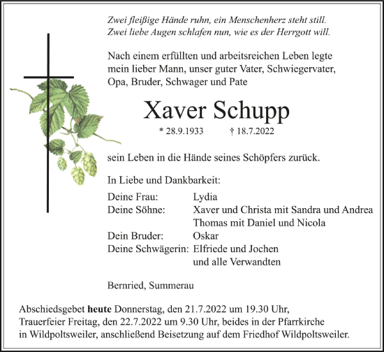 Traueranzeigen Von Xaver Schupp Schwaebische De Trauerportal