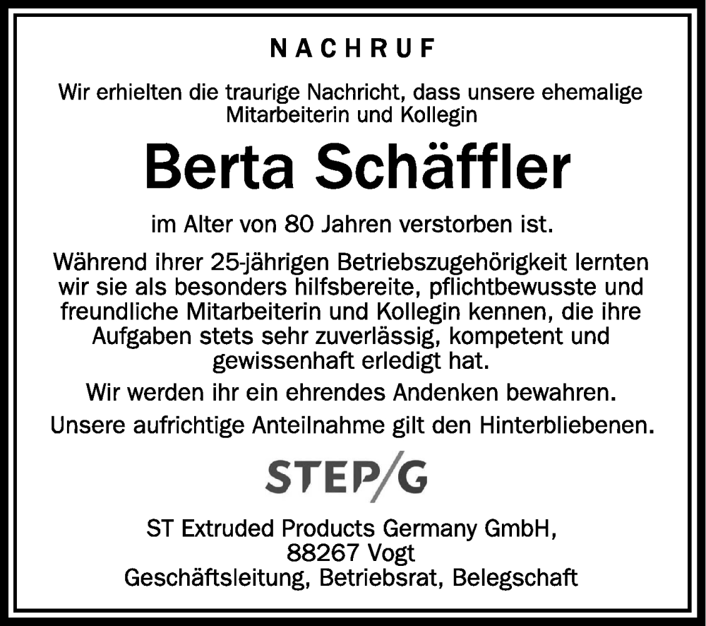 Traueranzeigen von Berta Schäffler schwaebische de Trauerportal