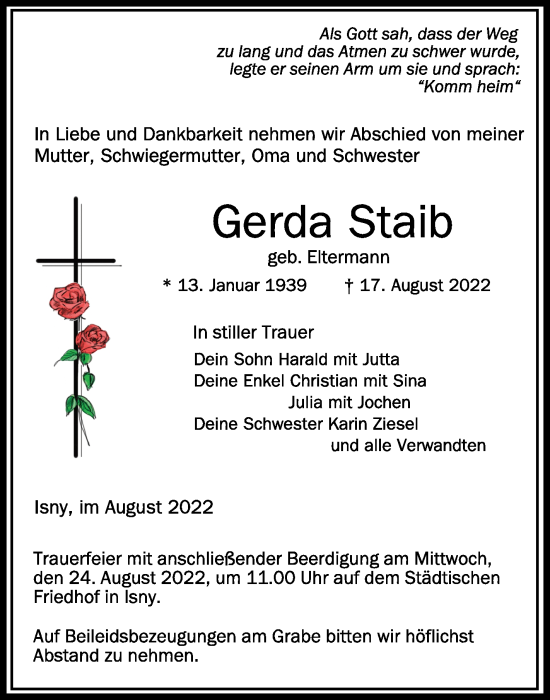 Traueranzeigen Von Gerda Staib Schwaebische De Trauerportal