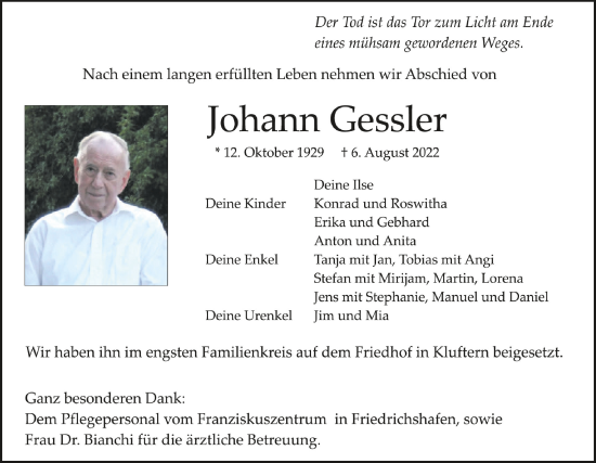 Traueranzeigen Von Johann Gessler Schwaebische De Trauerportal