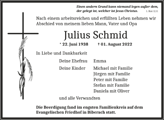 Traueranzeigen Von Julius Schmid Schwaebische De Trauerportal