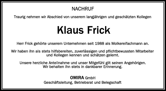 Traueranzeigen Von Klaus Frick Schwaebische De Trauerportal