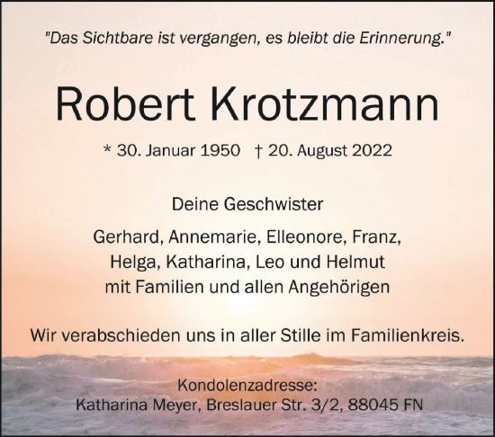 Traueranzeigen Von Robert Krotzmann Schwaebische De Trauerportal