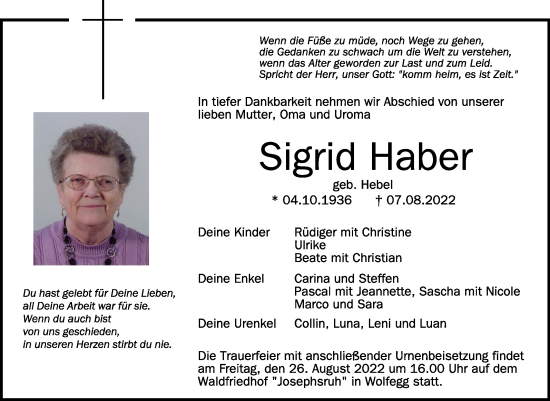 Traueranzeigen Von Sigrid Haber Schwaebische De Trauerportal