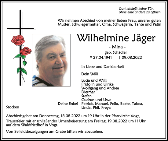 Traueranzeigen Von Wilhelmine J Ger Schwaebische De Trauerportal