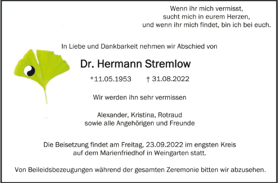 Traueranzeigen Von Hermann Stremlow Schwaebische De Trauerportal