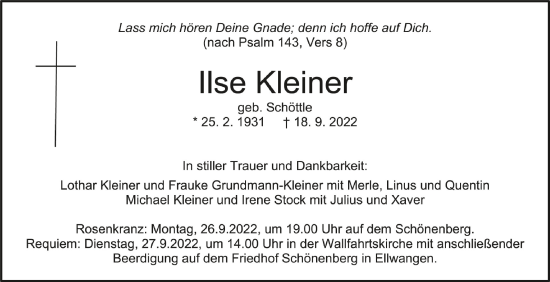 Traueranzeigen Von Ilse Kleiner Schwaebische De Trauerportal