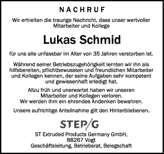 Traueranzeigen Von Lukas Schmid Schwaebische De Trauerportal