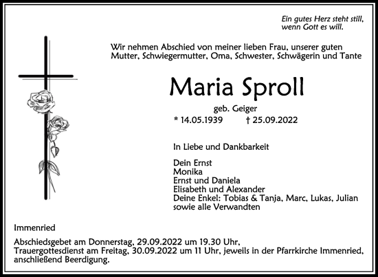 Traueranzeigen Von Maria Sproll Schwaebische De Trauerportal