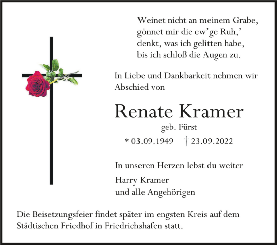 Traueranzeigen Von Renate Kramer Schwaebische De Trauerportal