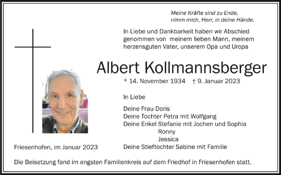 Traueranzeigen Von Albert Kollmannsberger Schwaebische De Trauerportal