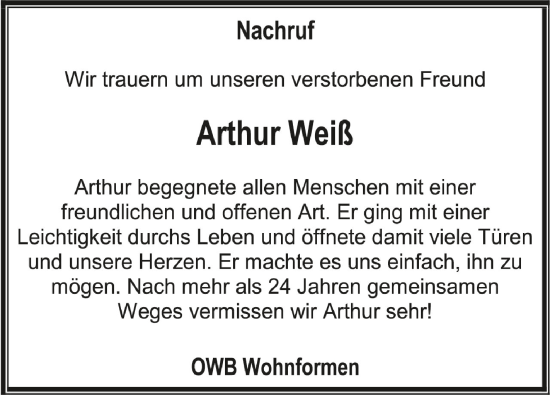 Traueranzeigen von Arthur Weiß schwaebische de Trauerportal