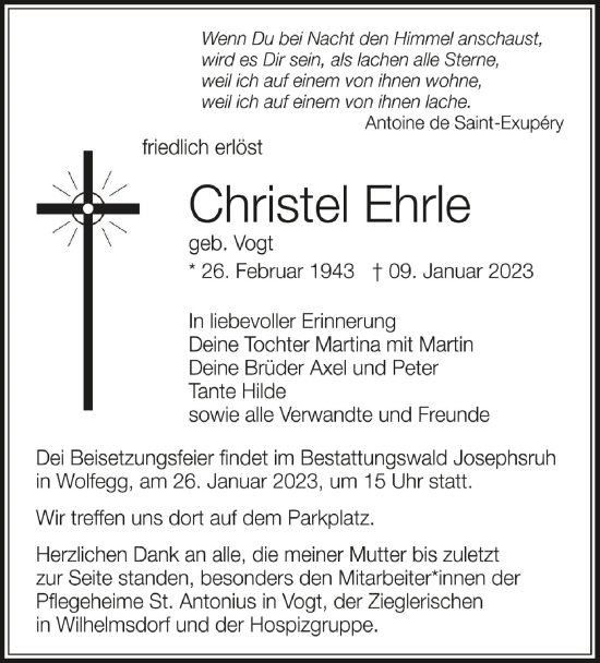 Traueranzeigen Von Christel Ehrle Schwaebische De Trauerportal