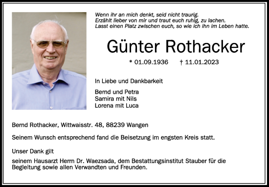 Traueranzeigen Von G Nter Rothacker Schwaebische De Trauerportal