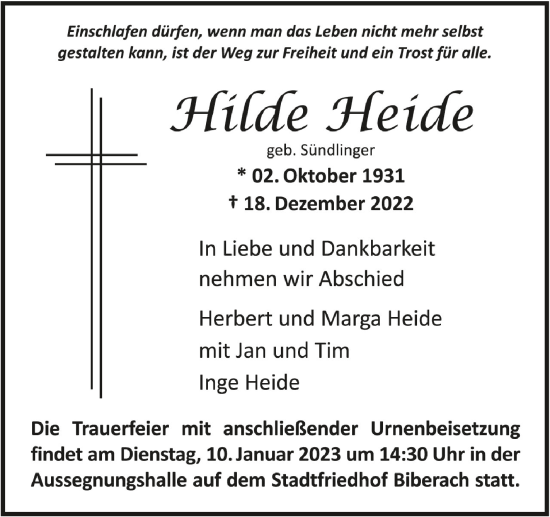 Traueranzeigen Von Hilde Heide Schwaebische De Trauerportal