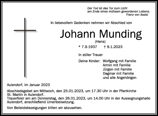 Traueranzeigen Von Johann Munding Schwaebische De Trauerportal