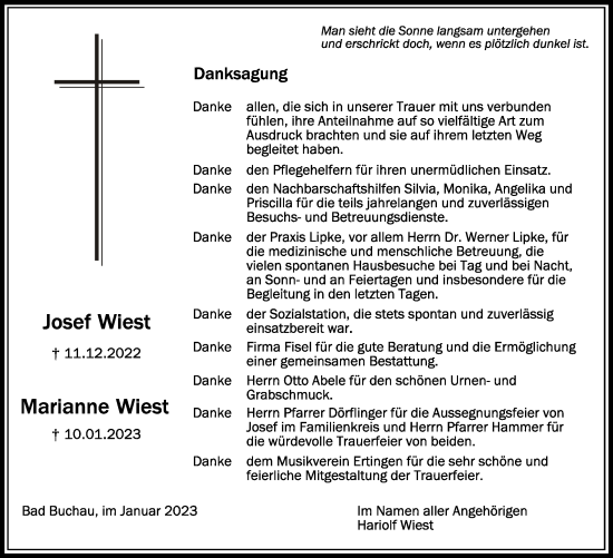 Traueranzeigen Von Josef Und Marianne Wiest Schwaebische De Trauerportal