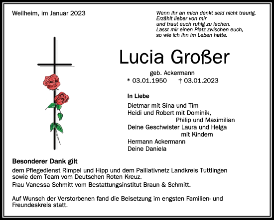 Traueranzeigen Von Lucia Gro Er Schwaebische De Trauerportal