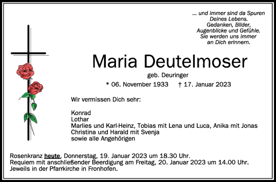 Traueranzeigen Von Maria Deutelmoser Schwaebische De Trauerportal